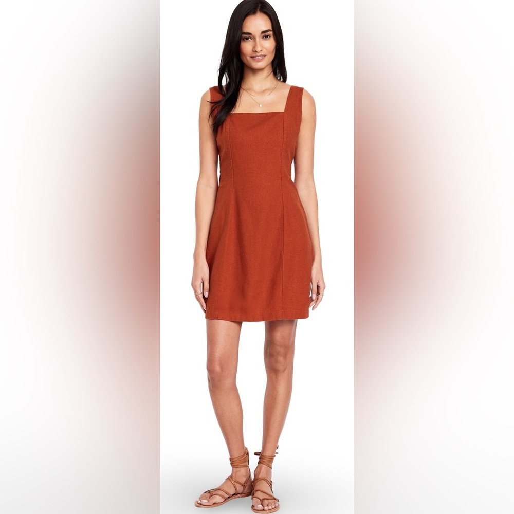 NWTS🍃GAP OLD NAVY XL🍃BRONZE AMBER SQUARE NECK LINEN DRESS W STRAPS BACK SMOCKING - Picture 4 of 15